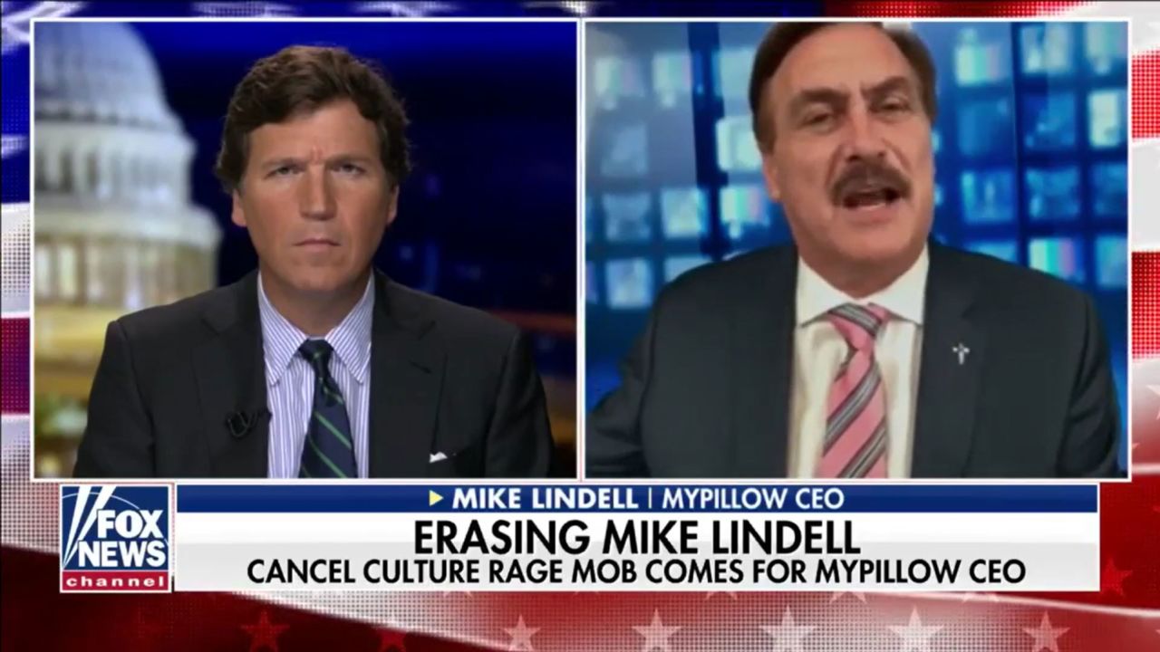 Fox News host Tucker Carlson interviews Trump ally Mike Lindell during the January 26, 2021, edition of 